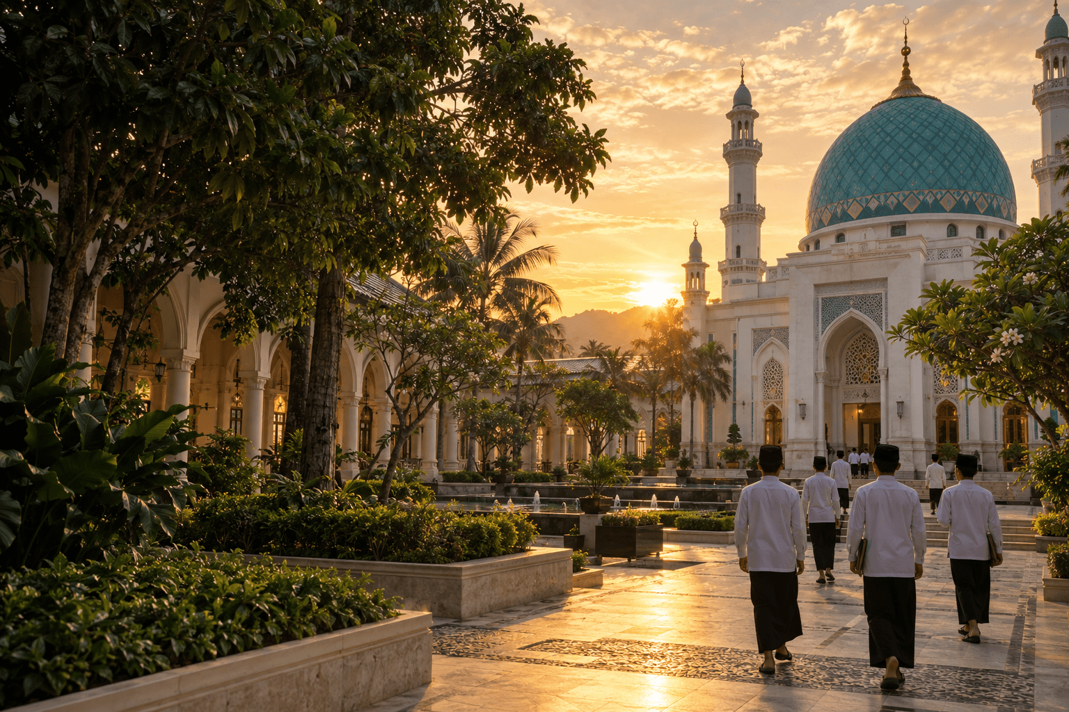 Kampus pesantren dengan masjid dan taman pada sore hari